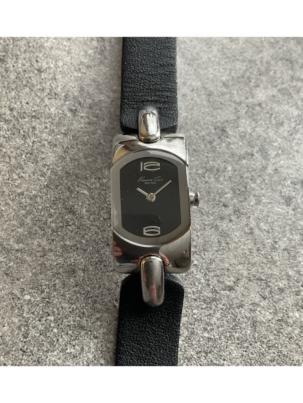 Kenneth Cole Womens Tank Style Watch 17mm Silver Tone Case Black Leather Band D2